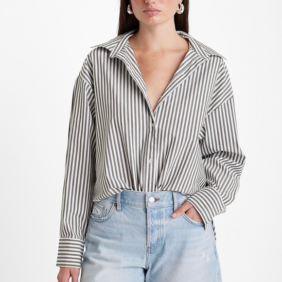 Express Tops - Express Boyfriend Portofino Shirt Gray and White Stripe Button Down Shirt Medium